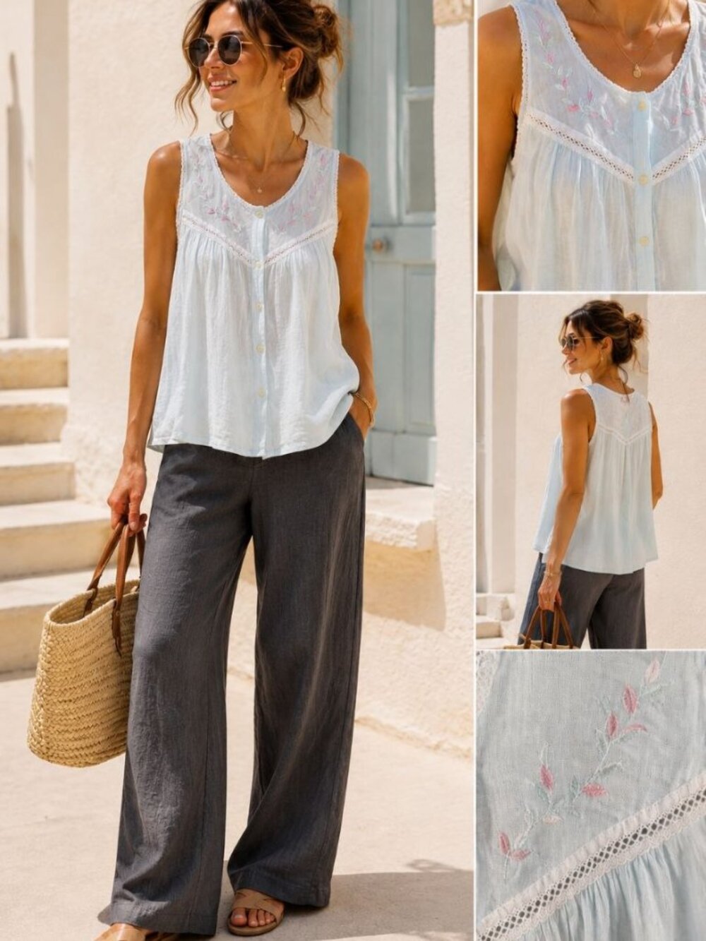 Just For Women Powder Blue Cotton Gauze Boho Top 1X